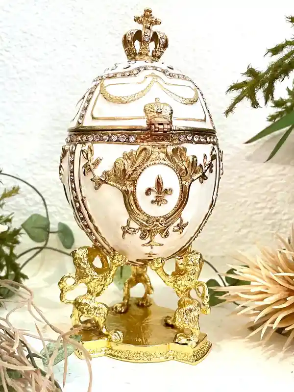 White Faberge-Style egg - Imperial Lion Faberge style egg + Faberge Egg Pendant Necklace - White Gold trinket box - Swaroski Diamond HANDSET 24k 
