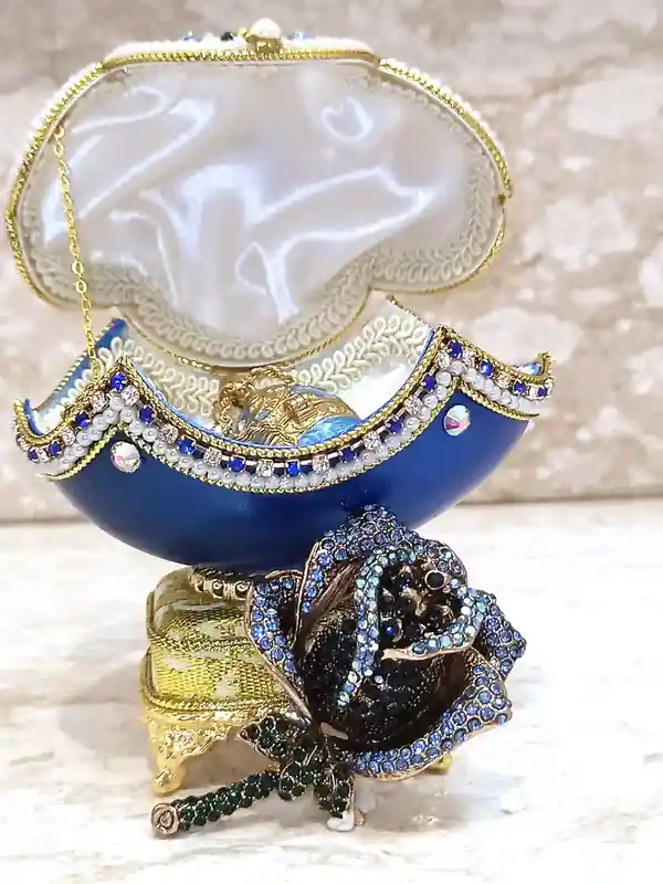 Limited Edition, Faberge Egg Style, 24k HANDMADE, Imperial Faberge egg Ornaments, Musical Faberge Art, Something blue for Wedding, Sapphire 