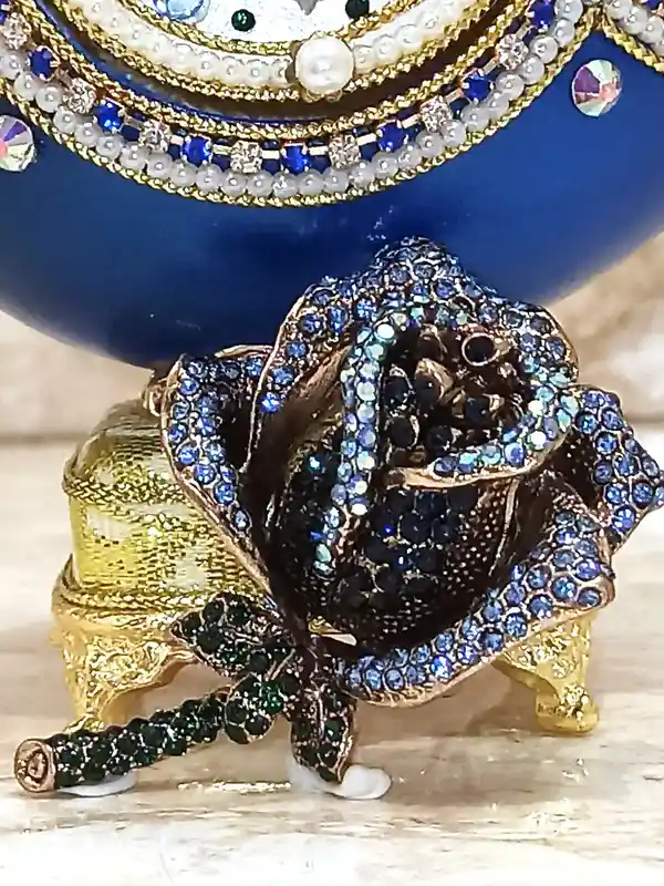 One of a KIND gifts for women - Blue Rose Faberge-Style Egg Ornament + Faberge Egg pendant NECKLACE + Swarovski Blue BRACELET -2ct -Designer Gift 