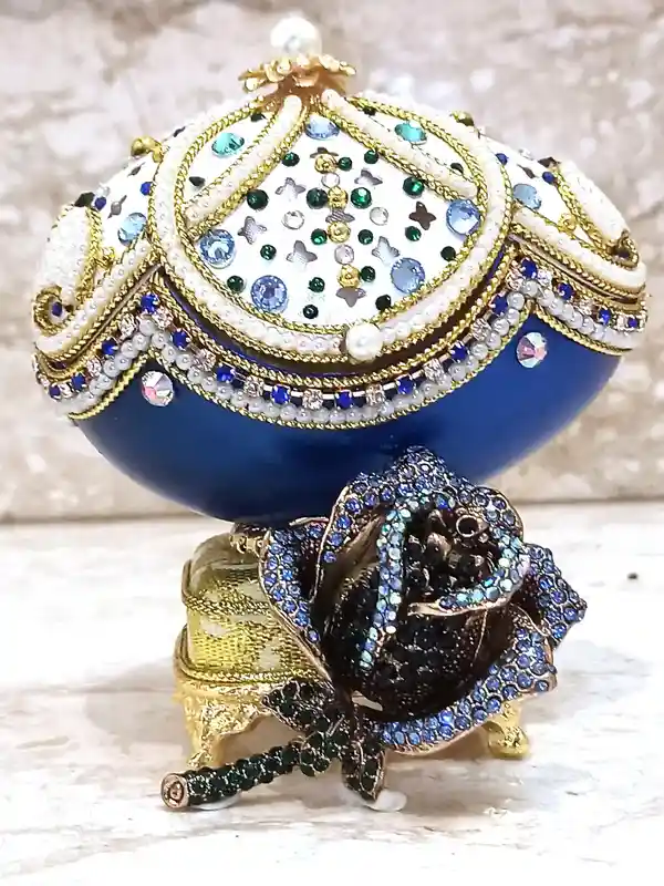 One of a KIND gifts for women - Blue Rose Faberge-Style Egg Ornament + Faberge Egg pendant NECKLACE + Swarovski Blue BRACELET -2ct -Designer Gift 