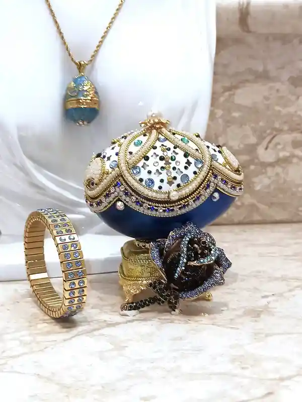 One of a KIND gifts for women - Blue Rose Faberge-Style Egg Ornament + Faberge Egg pendant NECKLACE + Swarovski Blue BRACELET -2ct -Designer Gift 