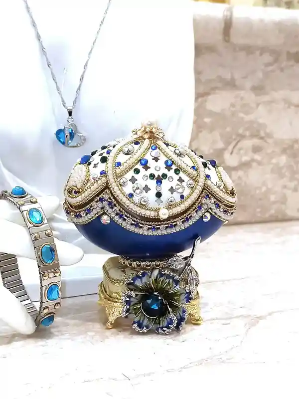 One Of a Kind- Faberge-Style Egg -24kGOLD -Faberge Egg Music Box- Sterling Silver Jewelry - Blue NECKLACE - Silver,Topaz BRACELET - Faberge style 