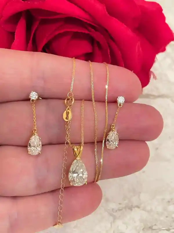 4ct Pear Diamonds Solitaire Necklace Pendant Earrings SET, Solid 18k Yellow Gold Diamond Jewelry for women,Birthday Anniversary gift for her 
