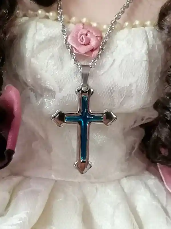 Something Blue Cross Pendant Necklace/Religious Jewelry SILVER Christian Cross LONG Necklace gift for women HANDMADE /Chain 16