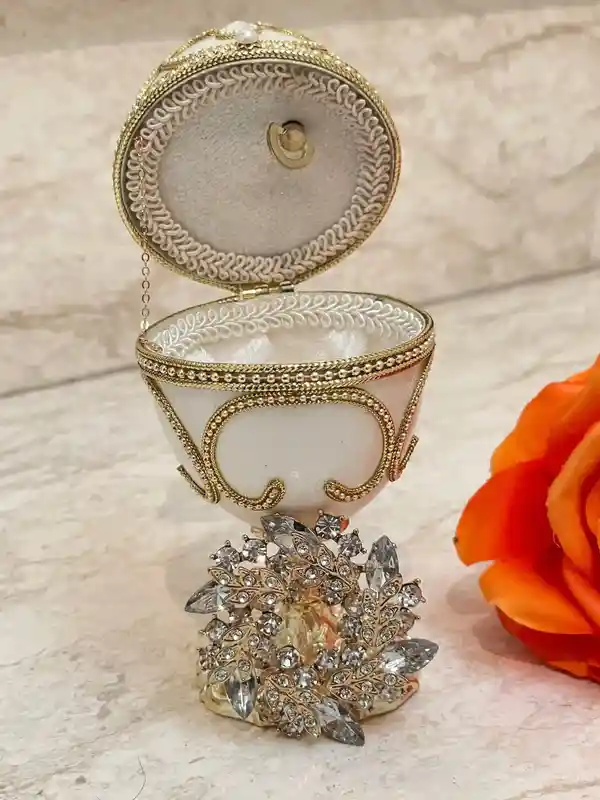 Faberge , Gold Faberge-Style Egg MUSIC Box, &, Faberge style Egg pendant, Home decor, Handmade White Faberge egg SET, Bridal Shower Gift for Bride 