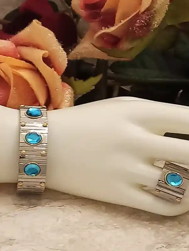 9CT London Blue Topaz Bracelet and Ring Swarovski /Statement Bracelet HANDMADE/Blue Gemstone Bracelet Ring/ Women Bracelet Ring/Gift for Her 