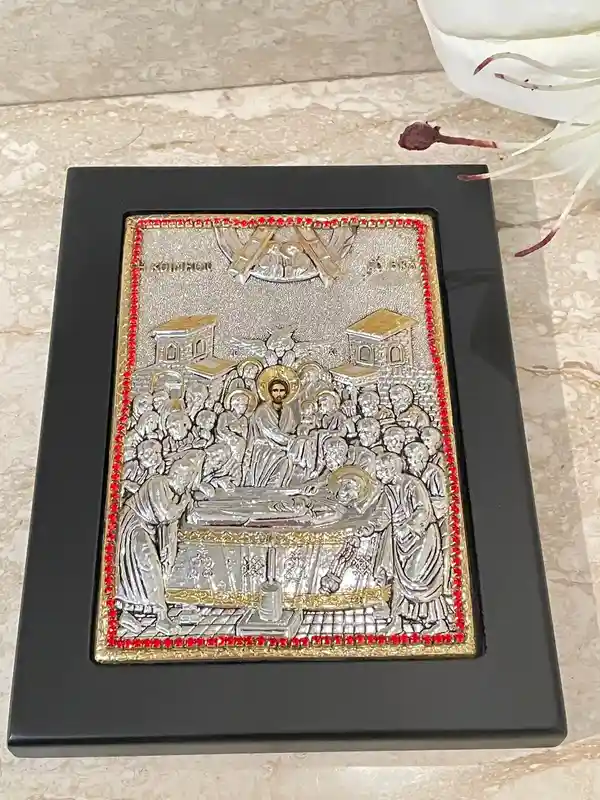 Madonna Icon Dormition ofthe Holy Mother of God Virgin Mary Icon SOLID Sterling Silver Housewarming Christian Icon Handpainted Icon 200 Gems 