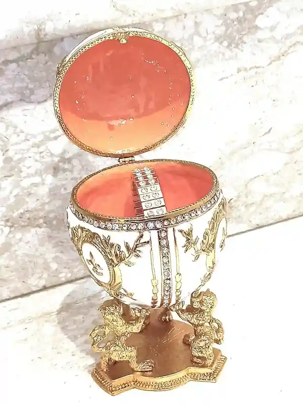 White Faberge Christmas New Years Wreath Jewelry + Faberge style egg Handmade Pure GOLD decor Swarovski Faberge Set LUCK Joy LOVE Happiness 