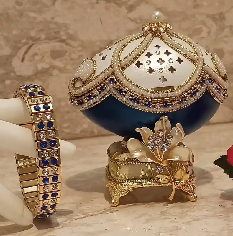FABERGE-Style Egg, Gift for Couple Wedding ,ONE Of a Kind, Unique Wedding gift ideas ,Mother In Law Gift, FAberge MUSIC box ,Sapphire , 24k Gold 