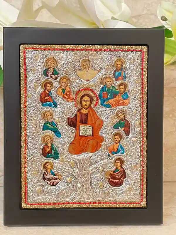 GOLD Lord Jesus Christ Orthodox Icon Byzantine Icon Religious Decor Christian Icon SOLID 925 Sterling Silver 340 Gems HANDMADE Tree of Life 