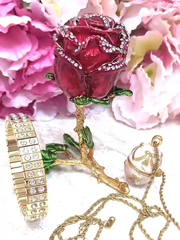 3pce, Luxury Engagement, 7ct, Gift for Bride to be from Sister, Faberge Egg,Roses Gift Box + Faberge Egg Pendant + Austrian Crystal Bracelet 