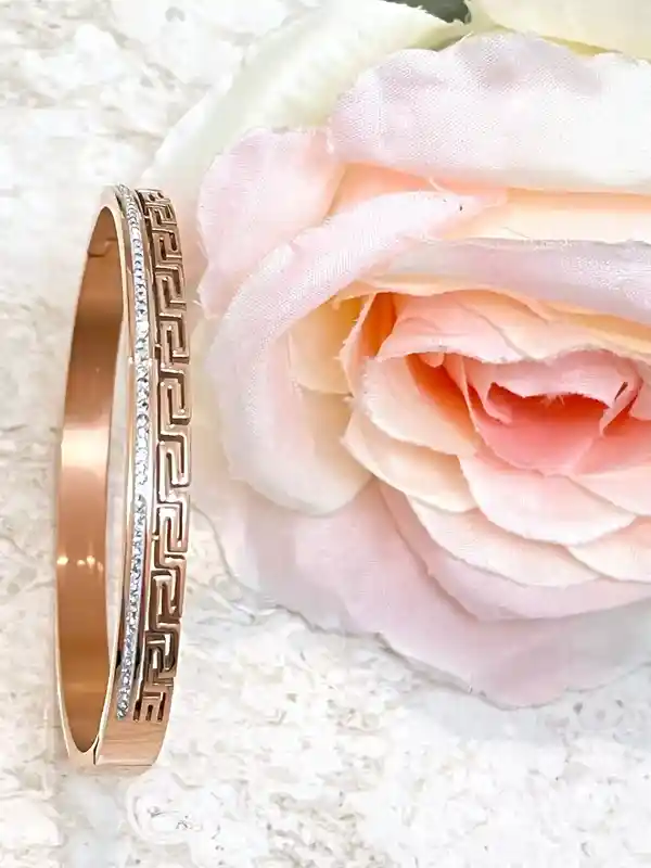 18k Rose Gold Bracelet Meander bracelet Greek Key bracelet Ancient Greek Jewellery Bangle Bracelet Geometric Bracelet for women 58 Swarovski 