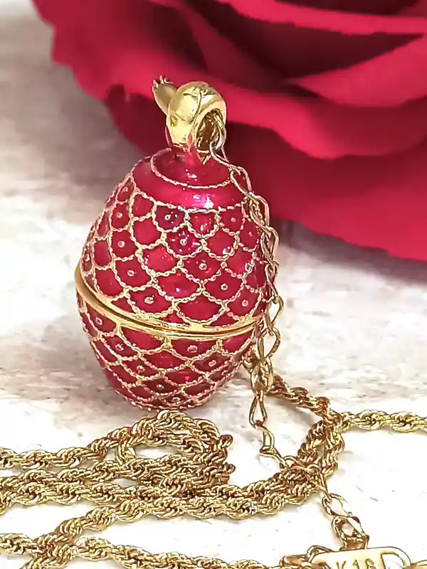 Faberge-Style Red Guilloche Sterling Silver Art Deco Faberge Style Egg Pendant 24k GOLD 24