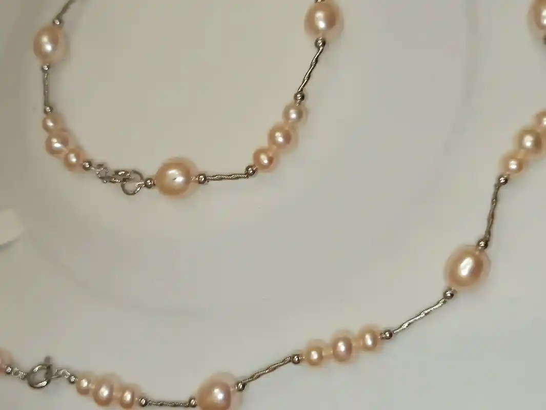 Unique SOLID Silver Necklace NATURAL Pearls Set Jewelry Peach Pearl Bracelet Necklace HANDKNOTTED Silk string Pearl Neckless Bracelet Pearl 