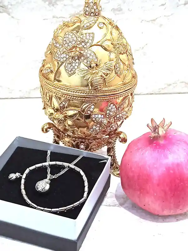 Pomegranate, Faberge style egg, Pomegranate Ornament, 24k GOLD, Faberge Egg, Pomegranate Trinket Box, Faberge Jewelry, Bracelet,Necklace SET 