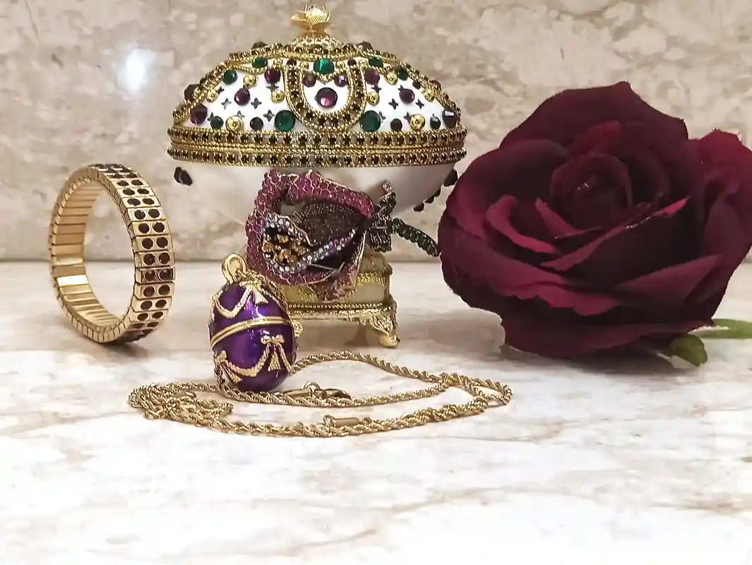 10ct, Faberge-Style, Luxury Gift Set, Fabrege egg , Amethyst Bracelet, Faberge Egg Necklace Gold, 24k, Faberge Egg style HAND CARVED Vintage egg 