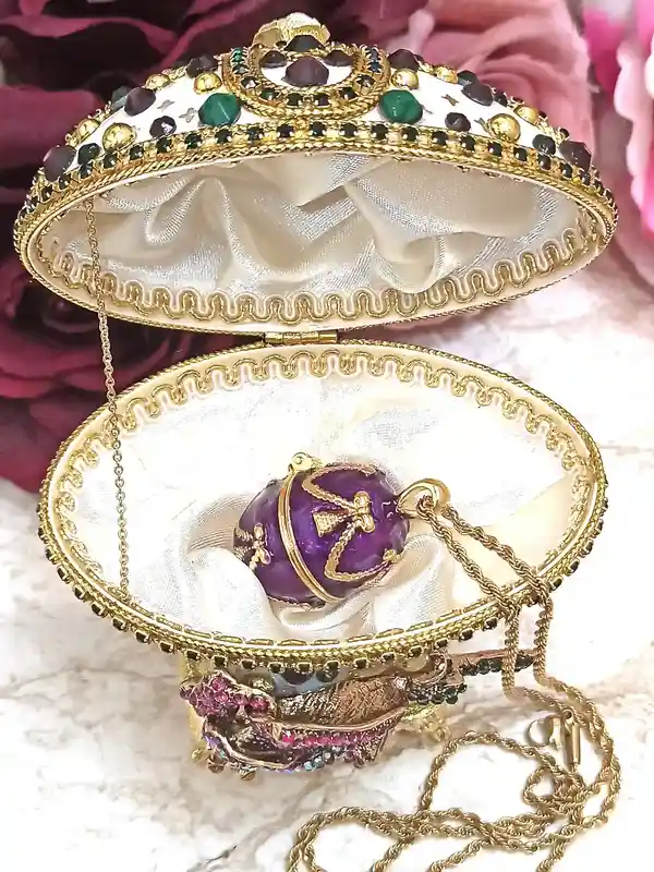 10ct, Faberge-Style, Luxury Gift Set, Fabrege egg , Amethyst Bracelet, Faberge Egg Necklace Gold, 24k, Faberge Egg style HAND CARVED Vintage egg 