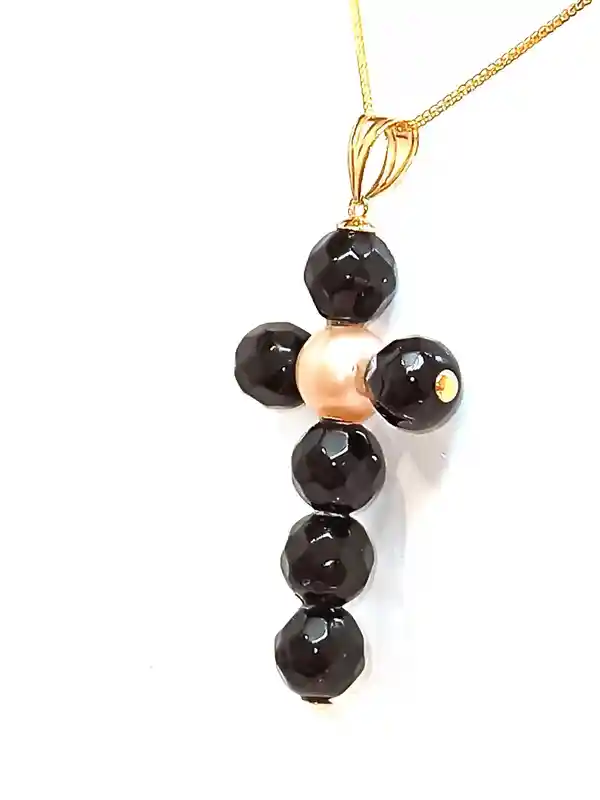 ONE Of a Kind Cross, Handmade Cross,Christian Pendant,SOLID 18k Gold AKOYA,Pearl Cross,Onyx Gem,Crucifix,18kt Gold bail & tips,Christ Gift 