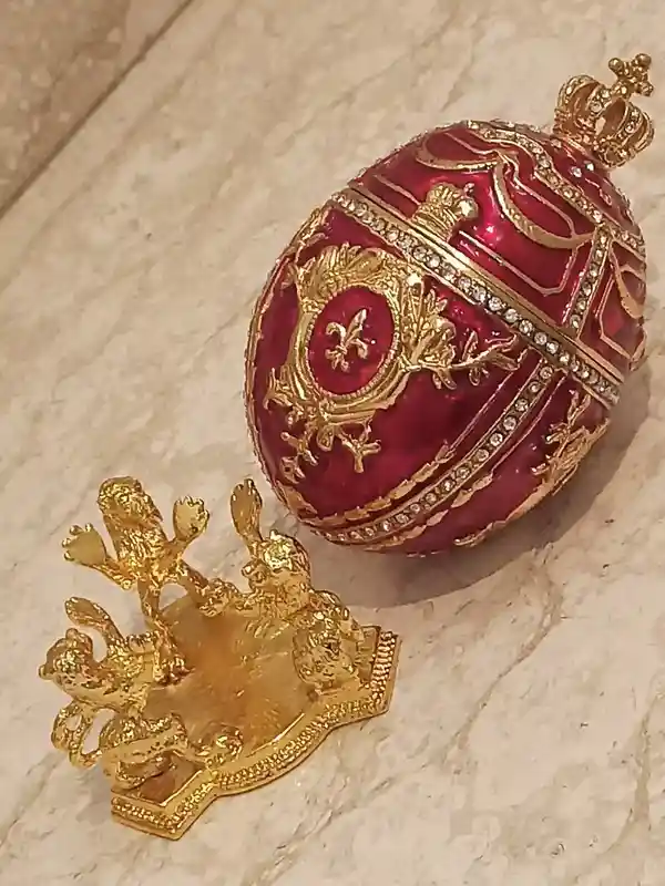 Royal Lion Trinket Easter Trinket Box Gift Love Ornament Easter Jewelry Box 24k GOLD HANDMADE DESIGNER 4ct Lion Egg & 2ct Ruby Bracelet 