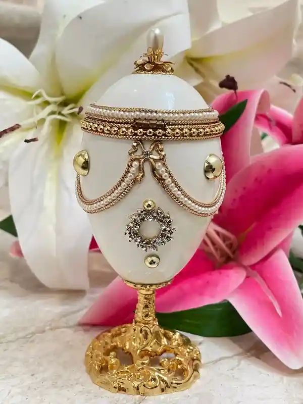 40 Year Faberge Egg Style Antique Faberge Music Box & GOLD Jewelry SET for women HANDCARVED Natural Egg 24k Gold Swarovski Handset Trinket 