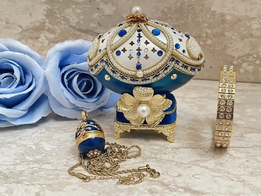 1993 Vintage Faberge-Style Egg style Music Blue Faberge Egg Collectors Box Natural Hand Carved Egg Faberge Egg Sapphire 24k GOLD gift for Birthday 