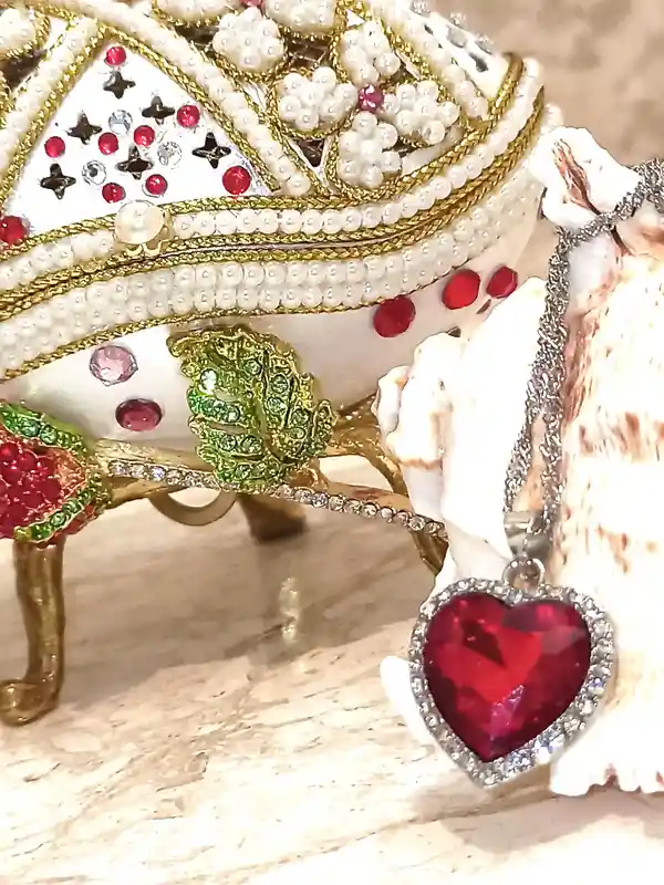 ONE of a Kind Faberge-Style egg 24k GOLD Musical Jewelry Box + Sterling Silver Ruby Heart + Bracelet HANDCARVED Faberge Egg style Christmas gift 