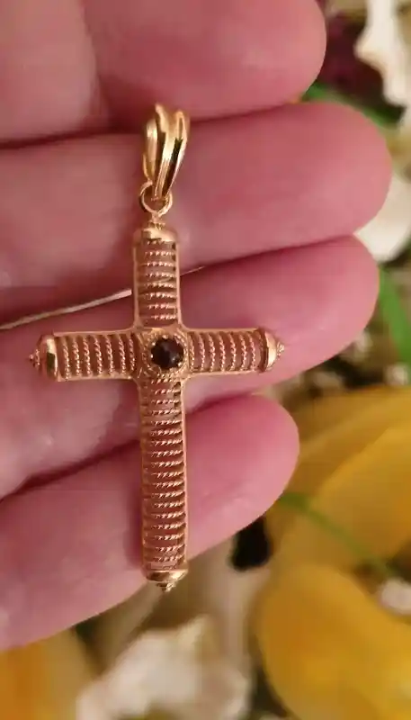 Filigree SOLID 18k gold Cross pendant woman Garnet Jewelry/Baptism gift girl HANDMADE Jewellery/ Christening gifts girls Religious Jewelry 