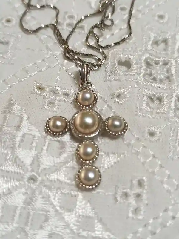White Pearl Necklace Cross Pendant SILVER /Real Pearl Cross On Chain Silver/Baptism Cross/Christening Cross/ First Communion Gift for girls/ 