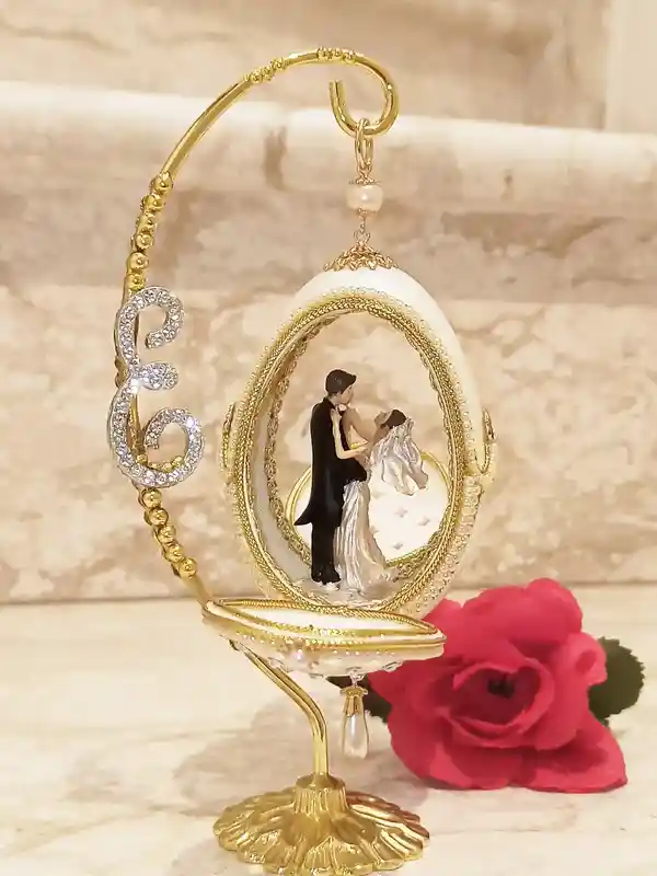 Faberge-Style egg Personalised Initial Artisan Wedding Anniversary Gift for couple 24k GOLD HANDCARVED Natural egg Newlywed gift for Bridal Shower 