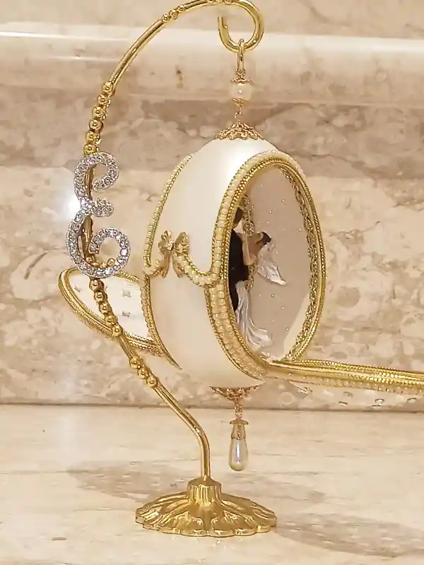 Faberge-Style egg Personalised Initial Artisan Wedding Anniversary Gift for couple 24k GOLD HANDCARVED Natural egg Newlywed gift for Bridal Shower 