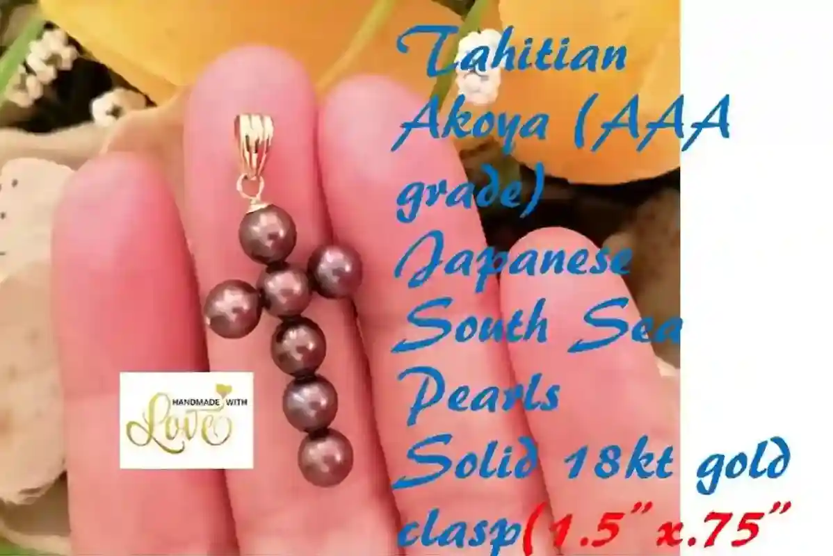 Tahitian AKOYA Pearl cross pendant Authentic CULTURED pearl SOLID 18k gold clasp Cross Pendant Necklace Religious Charm Pearl crucifix 