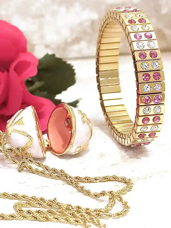 Pink Faberge-Style egg Jewelry Maid of Honor Proposal BridemÃ id gift for Wedding day Faberge NECKLACE BRACELET set 24k GOLD Pink Topaz Birthday 