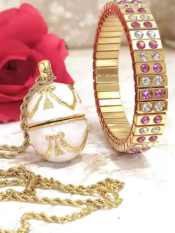 Pink Faberge-Style egg Jewelry Maid of Honor Proposal BridemÃ id gift for Wedding day Faberge NECKLACE BRACELET set 24k GOLD Pink Topaz Birthday 