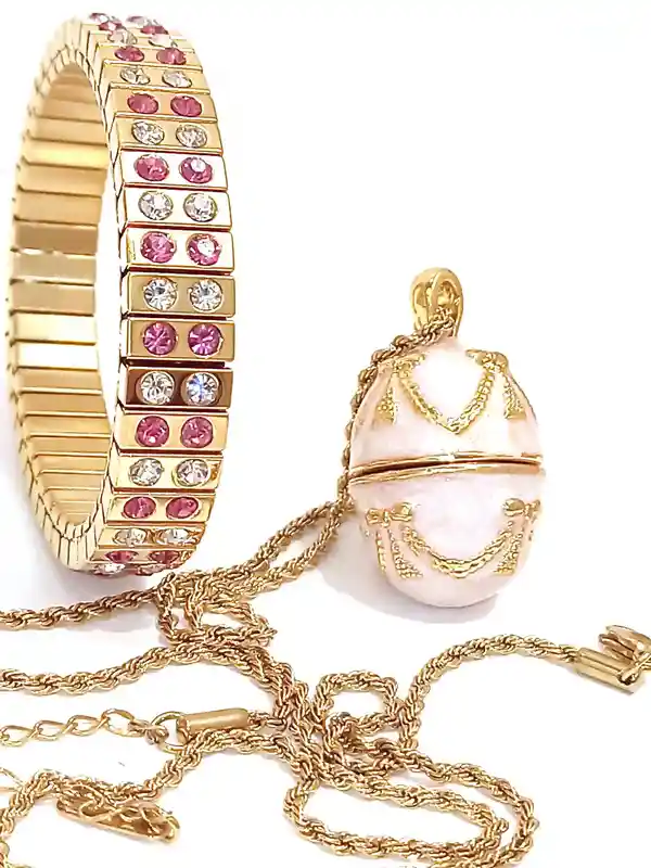 Pink Faberge-Style egg Jewelry Maid of Honor Proposal BridemÃ id gift for Wedding day Faberge NECKLACE BRACELET set 24k GOLD Pink Topaz Birthday 