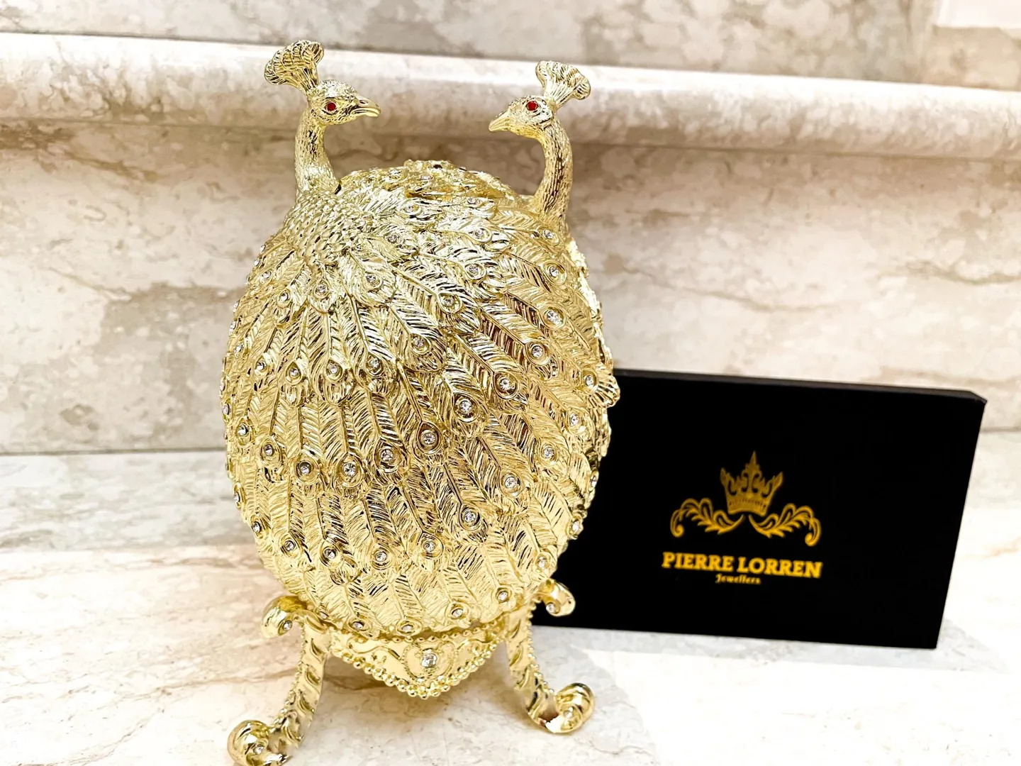 Pierre Lorren Gold Peacock Jewelry Box Faberge Egg Pure Gold Swarovski HANDMADE Faberge Trinket Box & Bracelet Peacock Gifts for Her 7.9