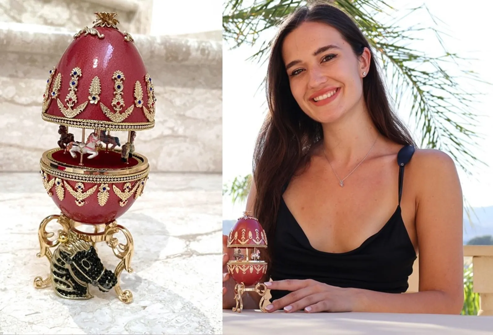 Designer Faberge Egg Antique Carousel, Natural Egg, Pure Gold Decor, Swarovski Gem, Handmade Carousel Horse Music Box, Anniversary, 18th Birthday.