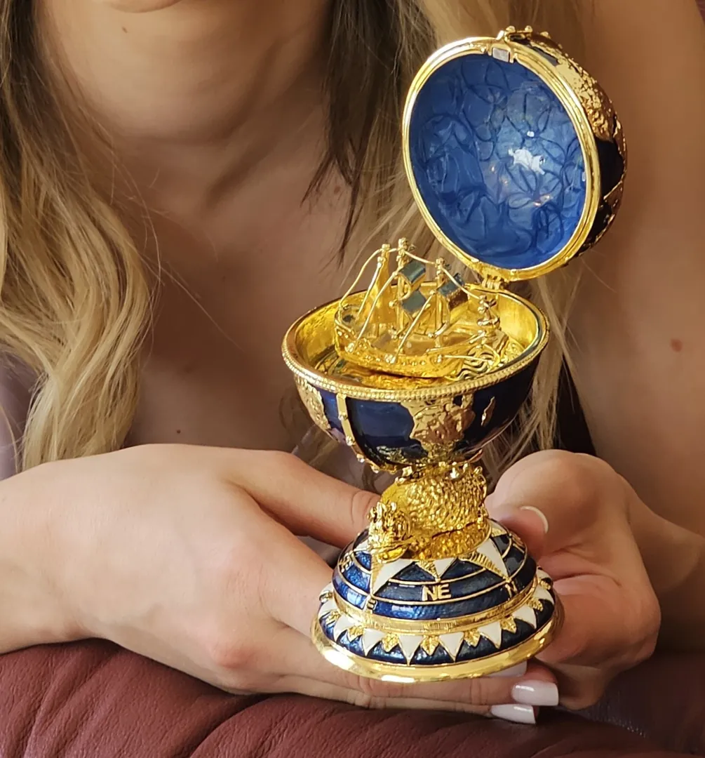 Pierre Lorren Faberge Style Egg 24k Gold Handmade Faberge Christmas Egg Swarovski Twin Fish for Luck Sailboat Symbolism Wisdom & Prosperity