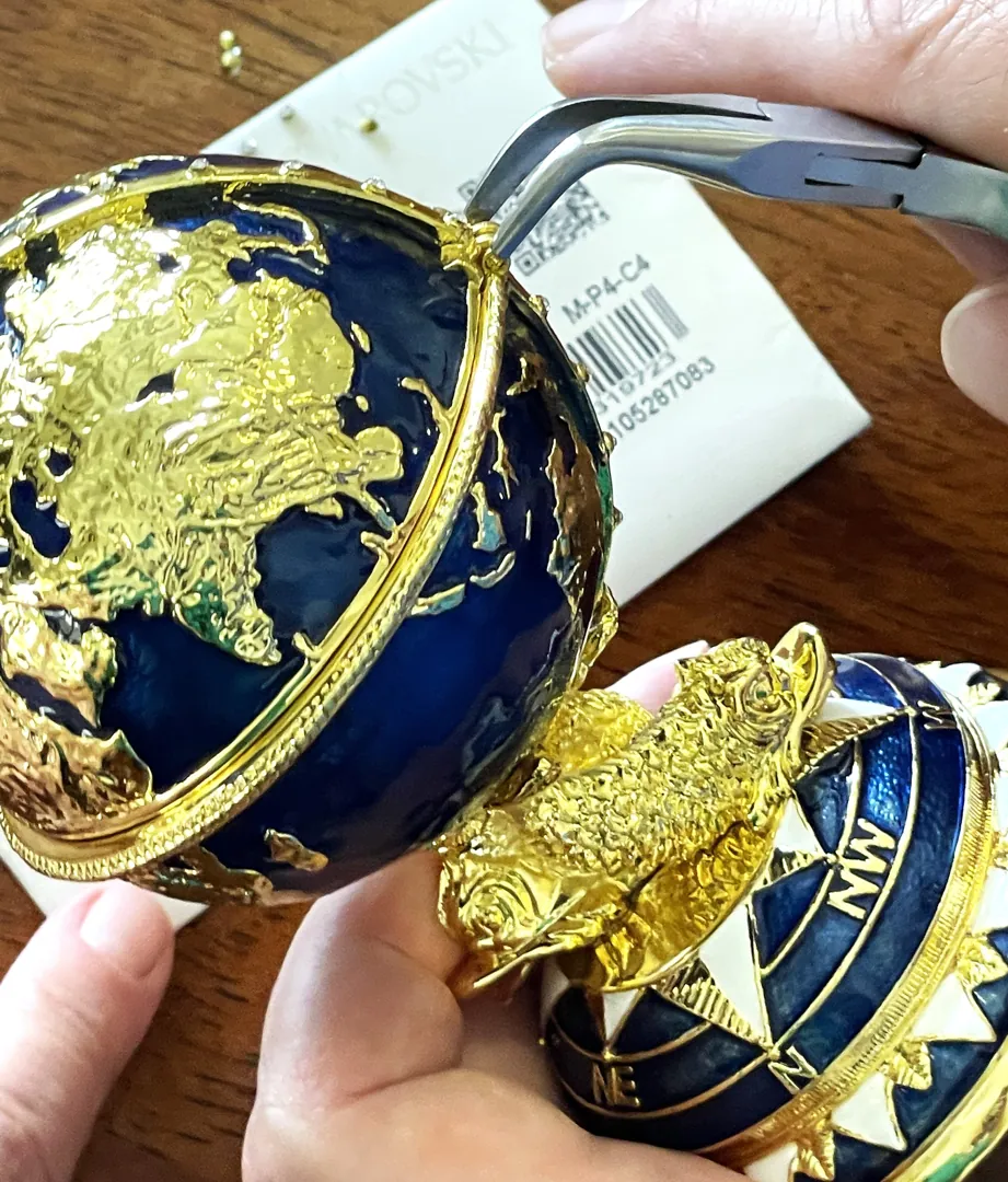 Pierre Lorren Faberge Style Egg 24k Gold Handmade Faberge Christmas Egg Swarovski Twin Fish for Luck Sailboat Symbolism Wisdom & Prosperity
