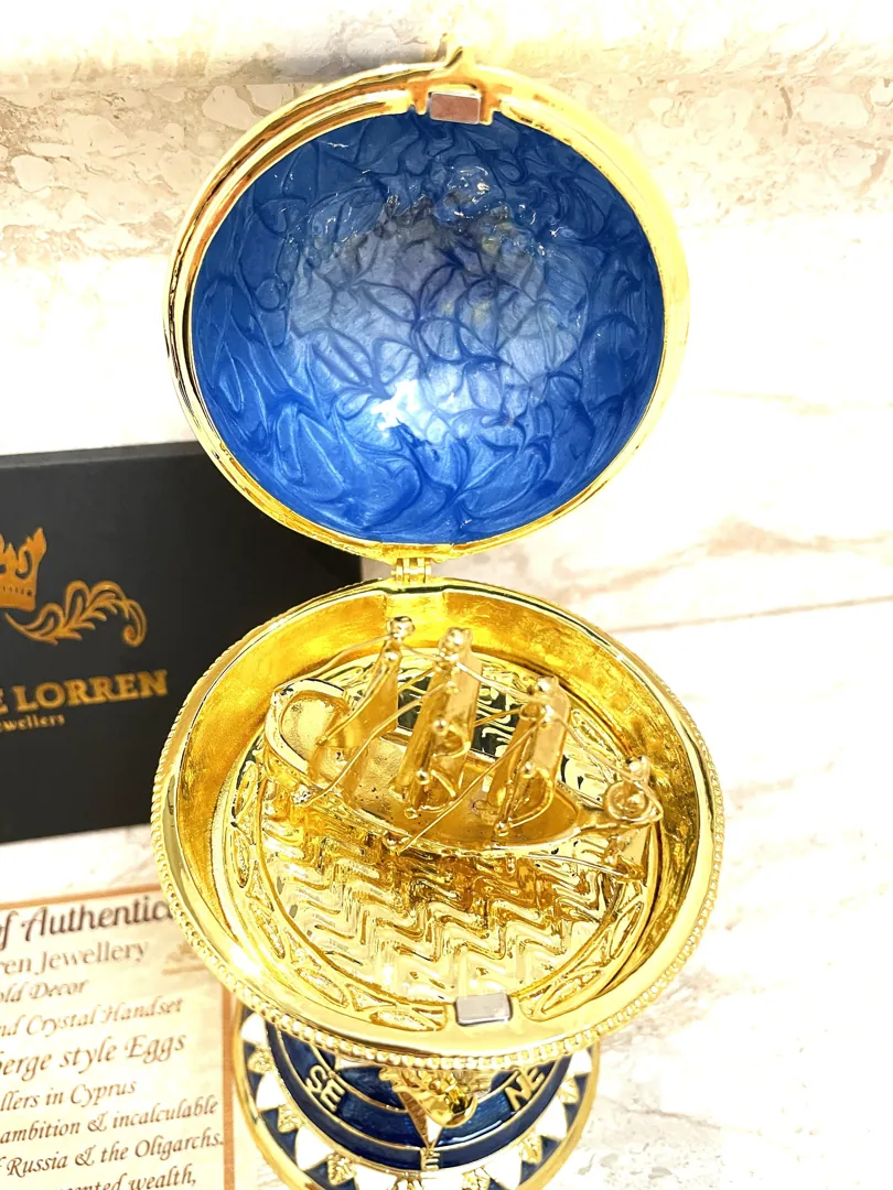 Pierre Lorren Faberge Style Egg 24k Gold Handmade Faberge Christmas Egg Swarovski Twin Fish for Luck Sailboat Symbolism Wisdom & Prosperity