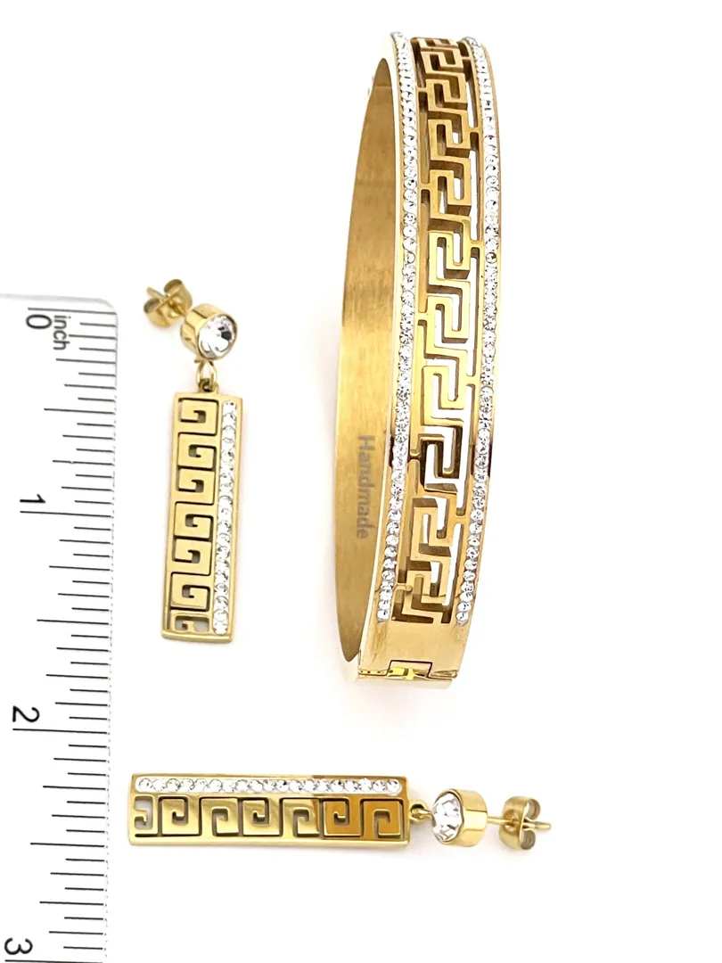 18Kt Yellow Gold Set Ancient Greece Jewelry Greek Meander Set Greek Key Bracelet + Greek Key Earrings Greek Jewelry Good Luck Infinity Set