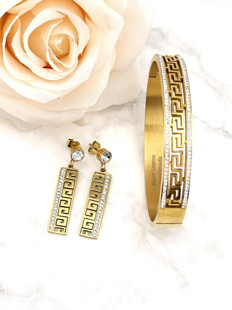 18Kt Yellow Gold Set Ancient Greece Jewelry Greek Meander Set Greek Key Bracelet + Greek Key Earrings Greek Jewelry Good Luck Infinity Set