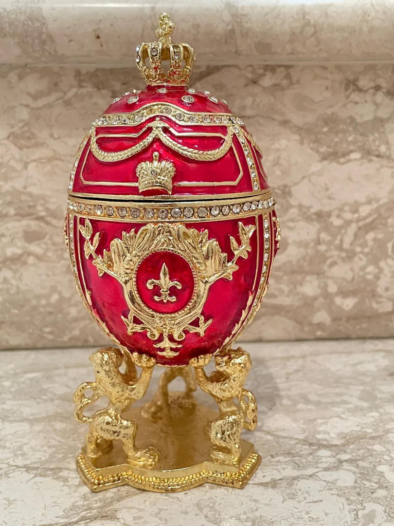 Ruby Red Faberge Egg Mom Birthday Gift Faberge Trinket Box 24k Gold 200 Austrian Crystal Handset Fabergé Love Gifts for Wife Handmade Ornament
