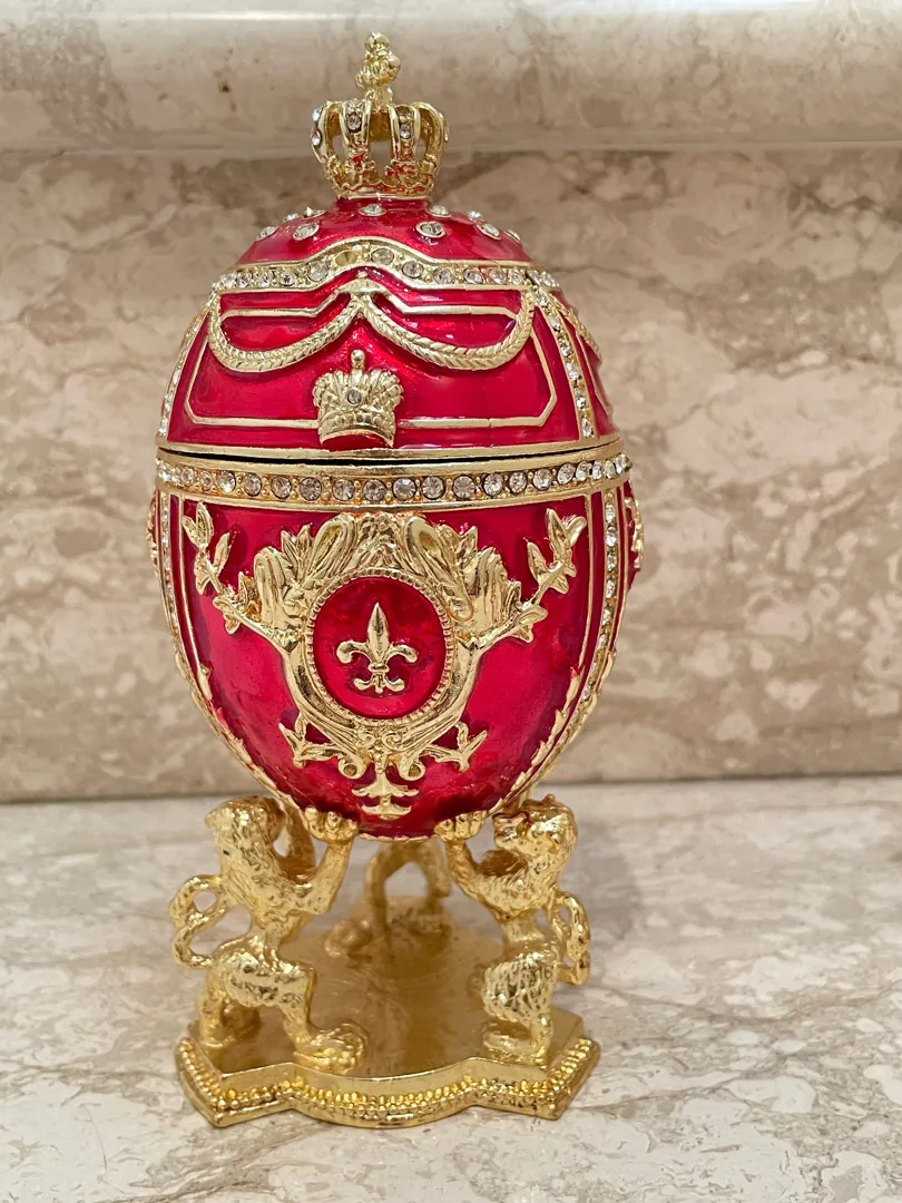 Ruby Red Faberge Egg Mom Birthday Gift Faberge Trinket Box 24k Gold 200 Austrian Crystal Handset Fabergé Love Gifts for Wife Handmade Ornament