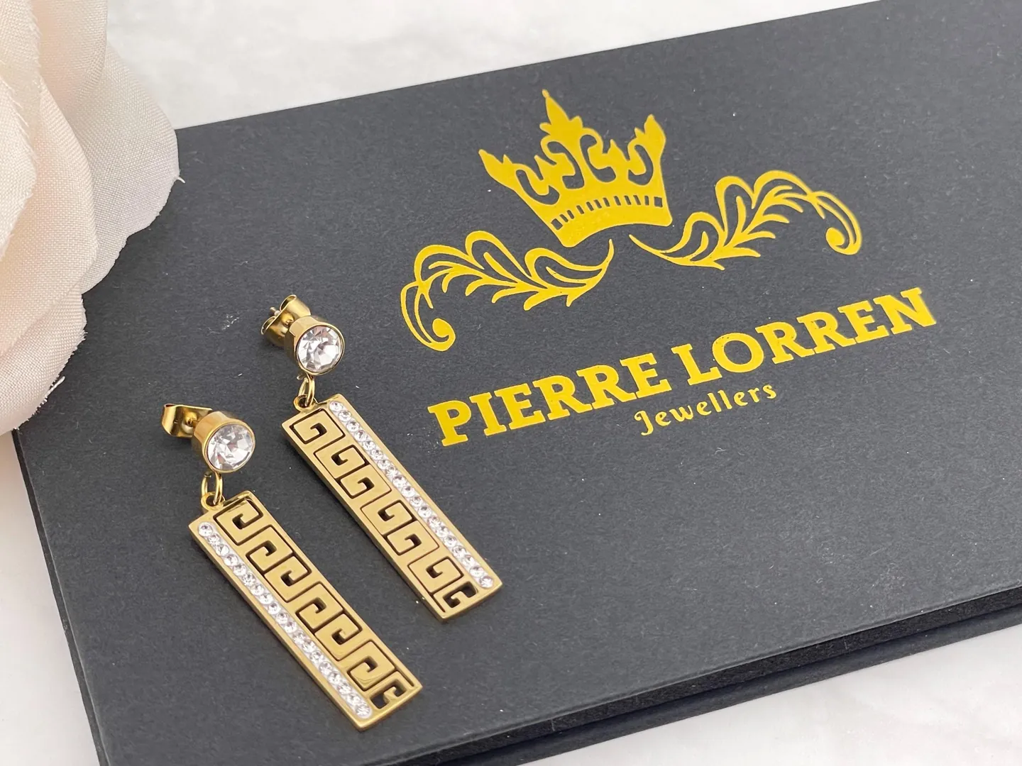 18k Yellow Gold Greek Key Design Diamond Meander Earrings Greek Key Drop Earrings Greek Key Pattern Jewelry 42 Austrian Crystal Diamonds