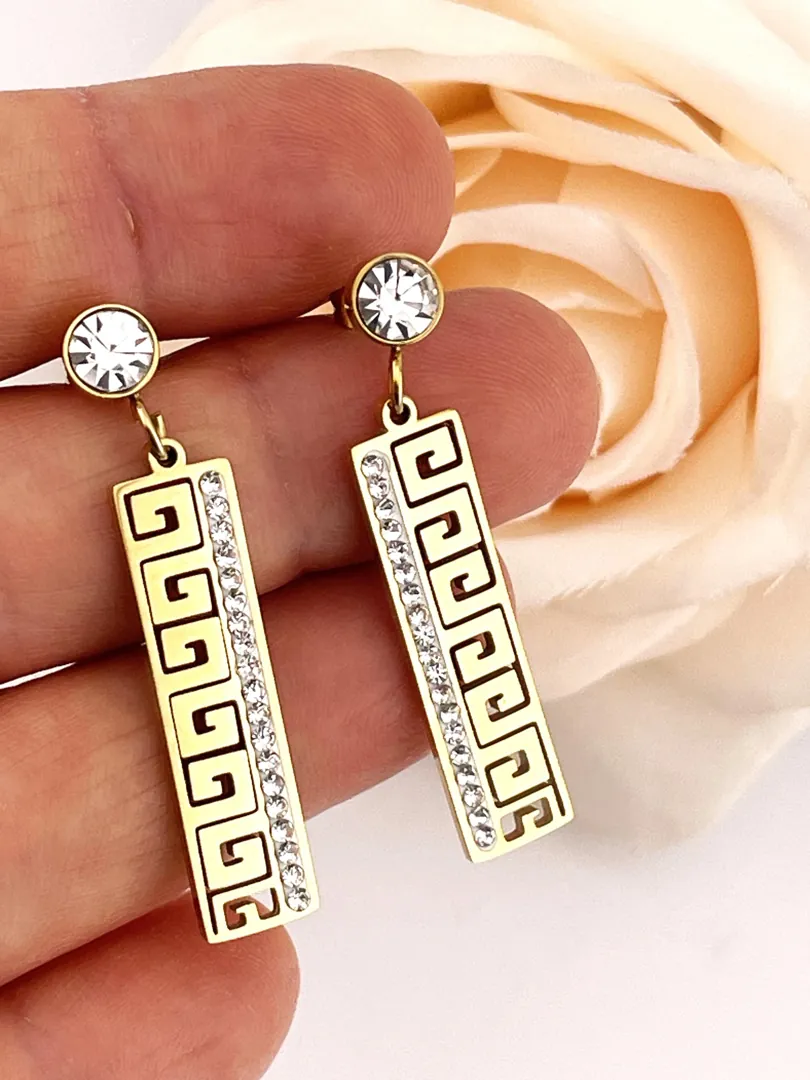 18k Yellow Gold Greek Key Design Diamond Meander Earrings Greek Key Drop Earrings Greek Key Pattern Jewelry 42 Austrian Crystal Diamonds