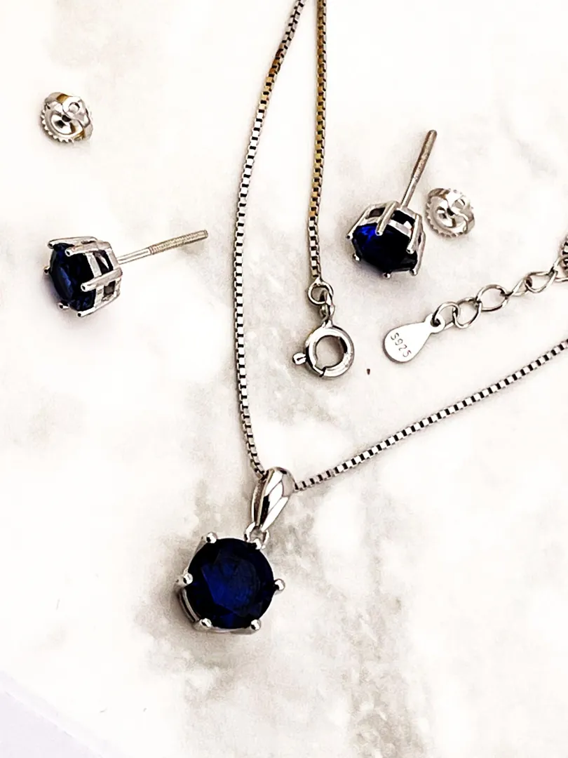 PierreLorren 2ct Natural Sapphire Necklace Earrings Real Sapphire Pendant Handmade Jewellery for Bride Bridal Shower Gifts for Daughter 4ctw