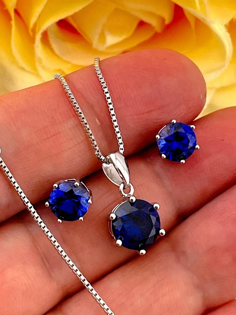 PierreLorren 2ct Natural Sapphire Necklace Earrings Real Sapphire Pendant Handmade Jewellery for Bride Bridal Shower Gifts for Daughter 4ctw