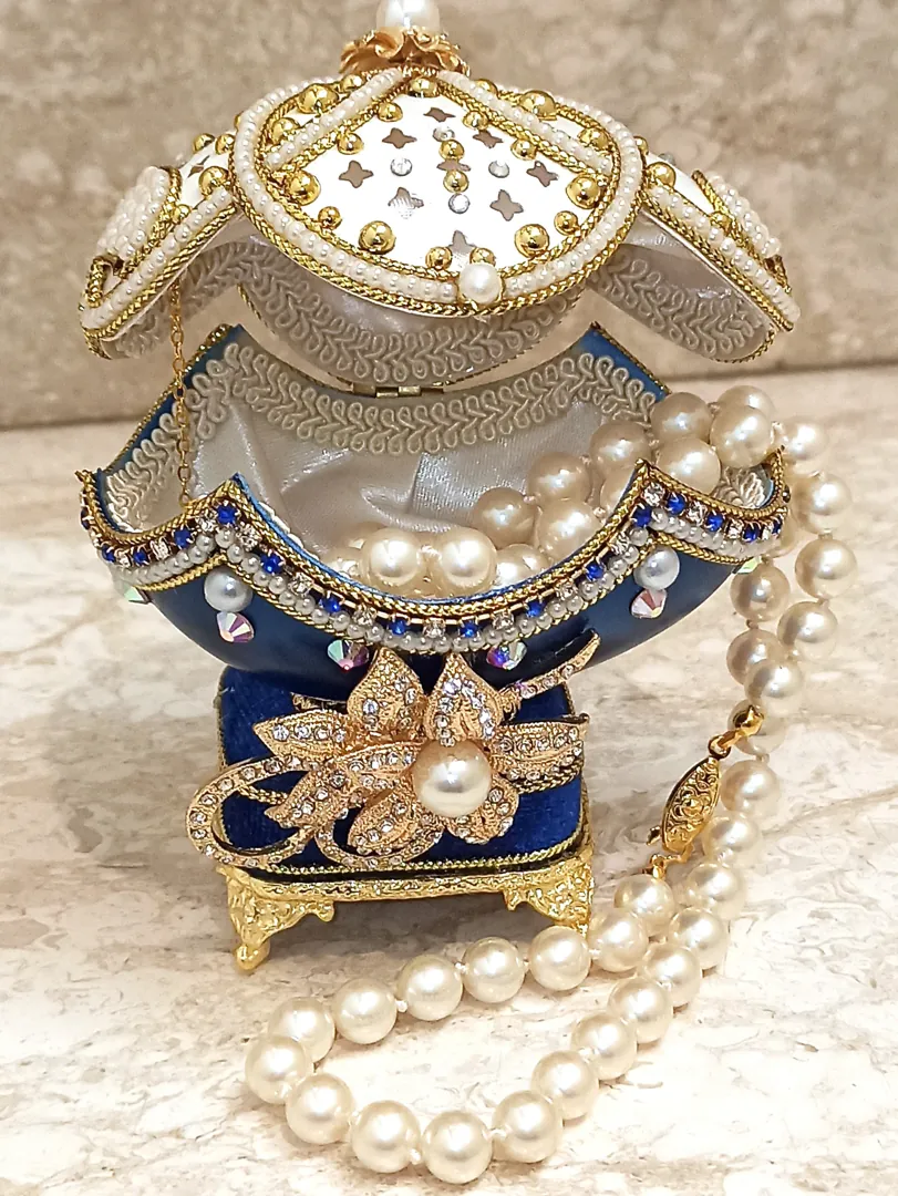 24K GOLD Faberge Egg Pearl Trinket Box & PEARL Necklace Bracelet SET Jewelry Box Faberge Egg Ornament Gift Set for Her Music Box Fabergé Egg