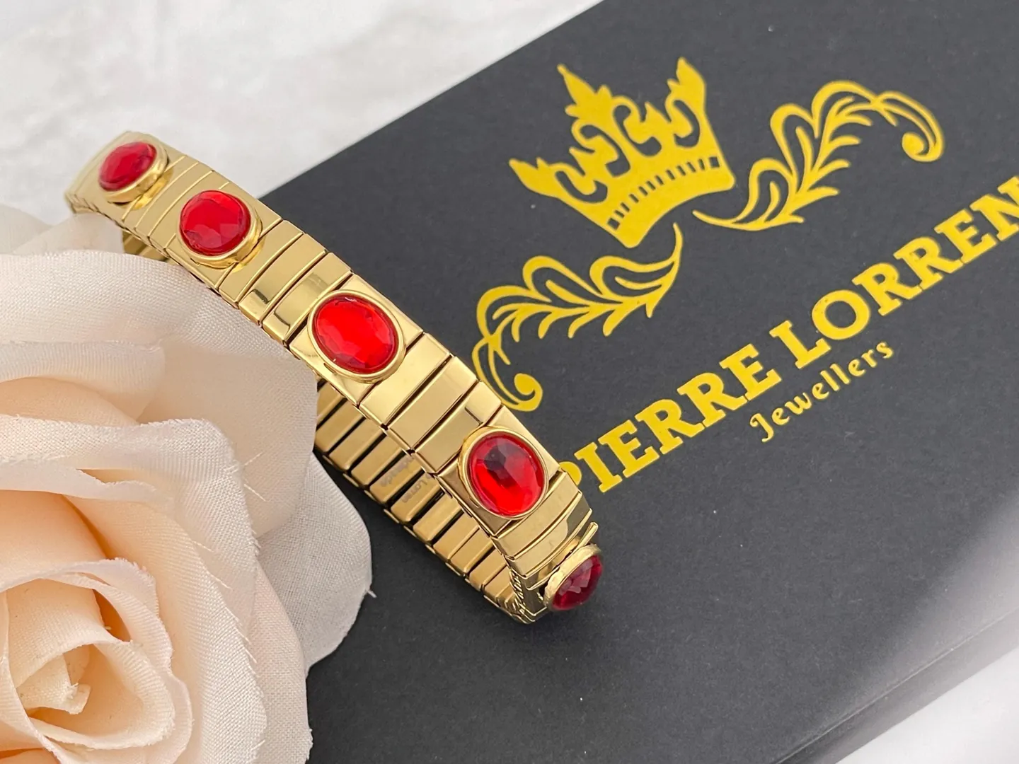 Ruby Bangle Bracelet for Women Handmade Jewelry Ruby Tennis Bracelet with 5 Swarovski Crystal Rubies in Yellow Gold. Ruby Anniversary Gift for Her.