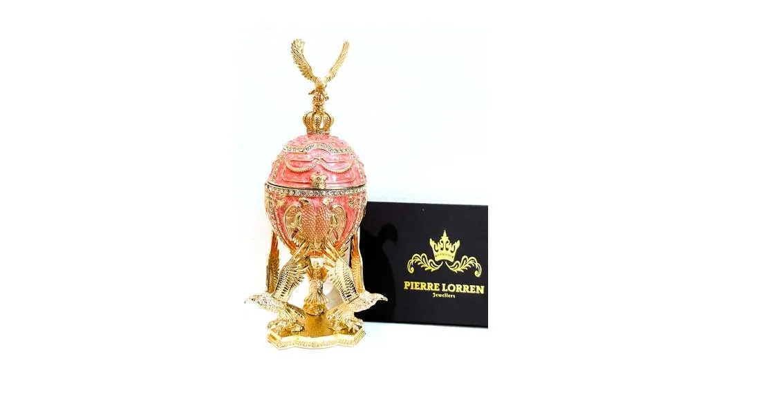 Limited Edition Musical Pink Faberge Egg with Velour Interior and Swarovski Crystal Diamond Handset. Faberge Style Egg, perfect as a birthday gift for her or a graduation gift.